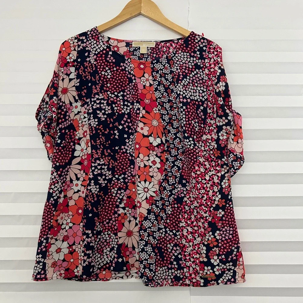Michael Michael Kors Floral Tie Sleeve Blouse Navy Pink Orange 0X Retro‎